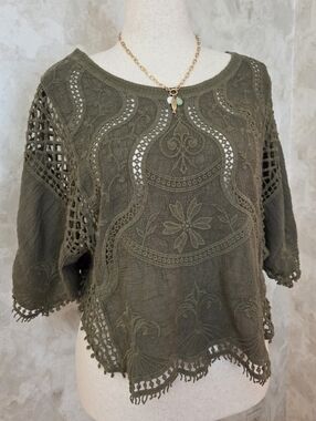 Ultra Pink Olive Green Embroidered Crochet Top | Boho Lace Cutwork Blouse